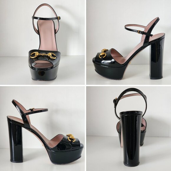 Gucci Claudie Black Patent Ankle Strap Platform Block Heels w Gold Horsebit - Picture 5 of 14